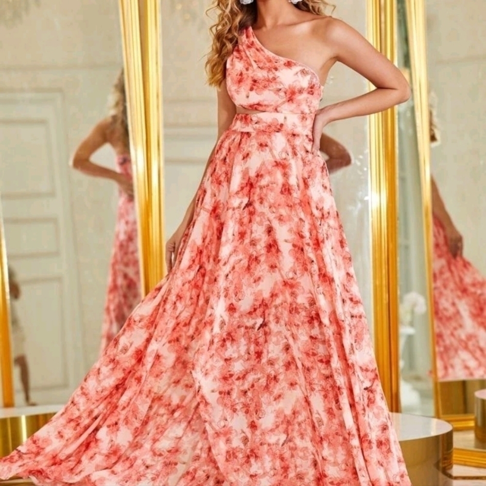 CORAL PINK , FLORAL, CUT OUT, SLIT, SLEEVELESS MAXI GOWN - Picture 4 of 12